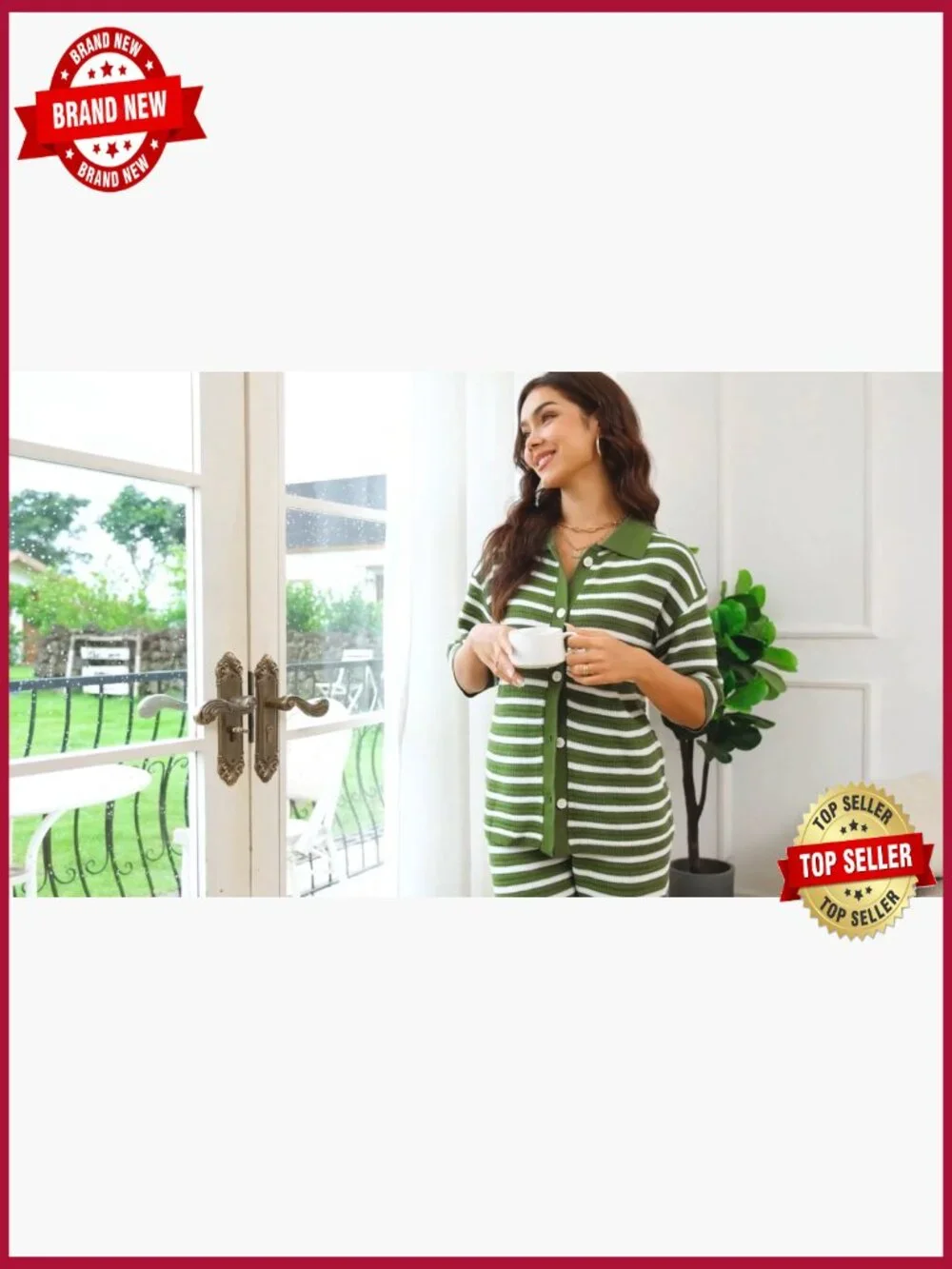 2 Piece Lounge Set Striped Knit Short Sleeve Top Wide Leg Pants Travel Outfits - Picture 6 of 7